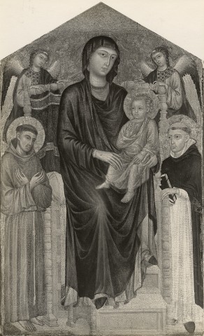 Anonimo — Cenni di Pepo (Cimabue) - e aiuti - sec. XIII-XIV - Madonna con Bambino in trono tra san Francesco d'Assisi, san Domenico e angeli — insieme